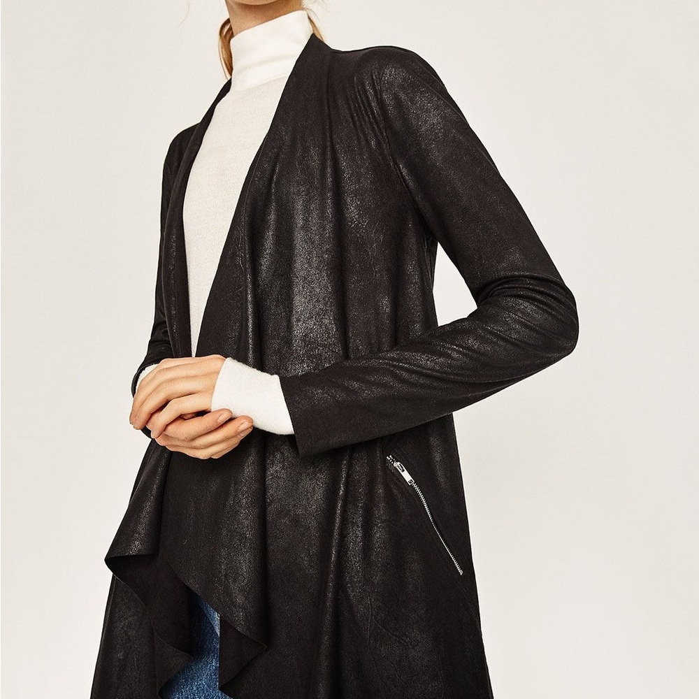 Zara Black Open Faux Leather Waterfall Jacket with Zipper Detail